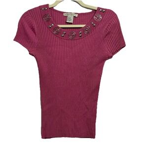 Requirements Womens Short Sleeve Sweater‎ Ribbed Knit Purple Pink Size Large